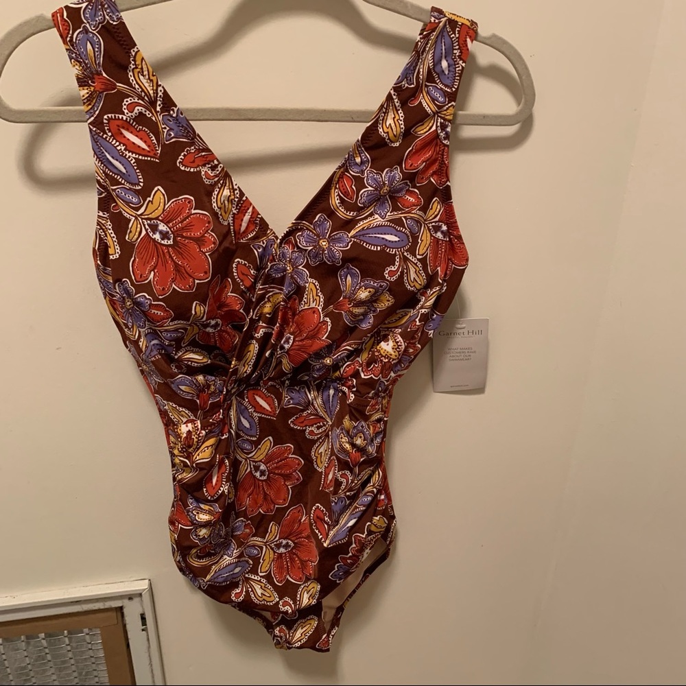 Garnet Hill brown floral one piece swimsuit
